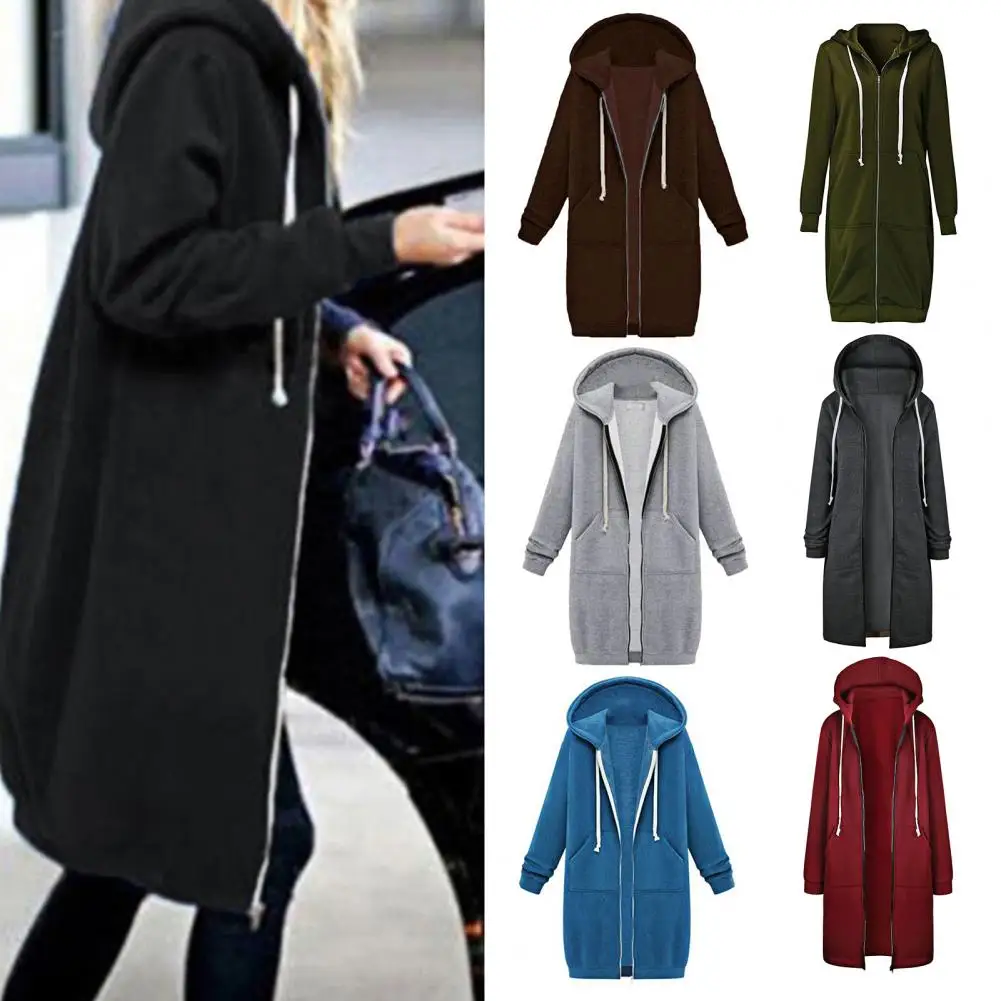 

Women's Autumn Coat Thick Hoodies Leisure Loose Hooded Jackets Zipper Pockets Max Size Sweatshirt Sports Dresses Outwear Jackets