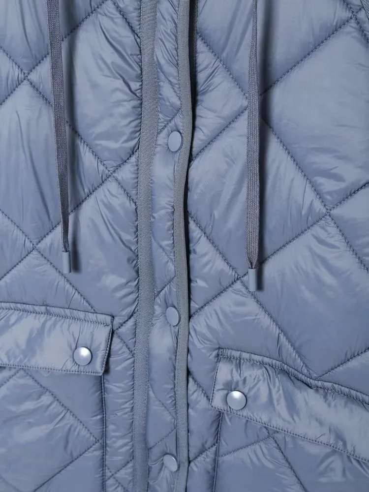 KEYANKETIAN Women's light blue long hooded cotton coat new winter casual pocket with diamond quilted check zipper parka coat