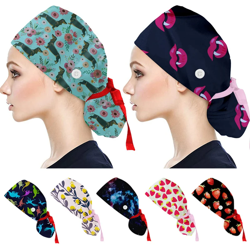 

Women Men Scrubs Cap Buttons Cotton Print Nurse Uniform Accessories Pet Sop Cef Lab Work Suricals at