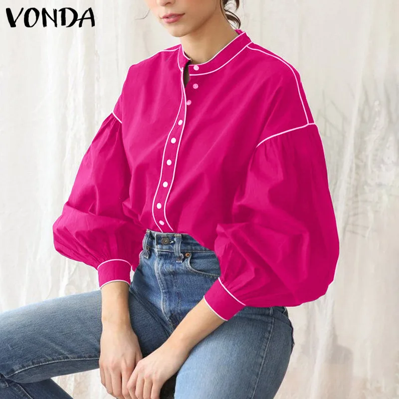 

VONDA 2022 Autumn Stylish Shirts Women Elegant Long Lantern Sleeve Blouse Buttons Casual Solid Bohemian Party Blusas Femininas