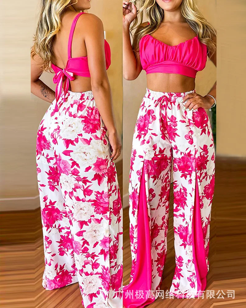

Two Piece Set Women 2022 New Summer Retro Print Suit sexy Sleeveless Suspender With Navel Eexposed Top & High Waist Pants Set