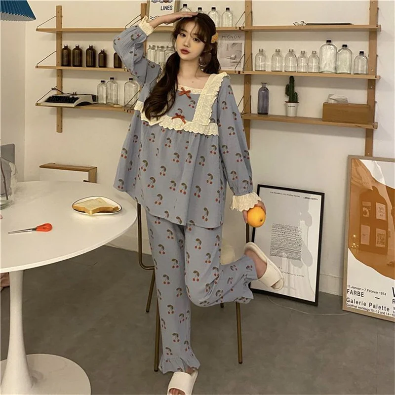 Princess Plaid Pajamas Set Sweet Full-Length Sleepwear For Women Cotton Retro Soft Pyjama Women's Soft Fashion Homewear