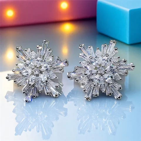 Женские серьги-гвоздики с белым кристаллом и цирконием серебряного цвета, милые свадебные украшения со снежинками для женщин