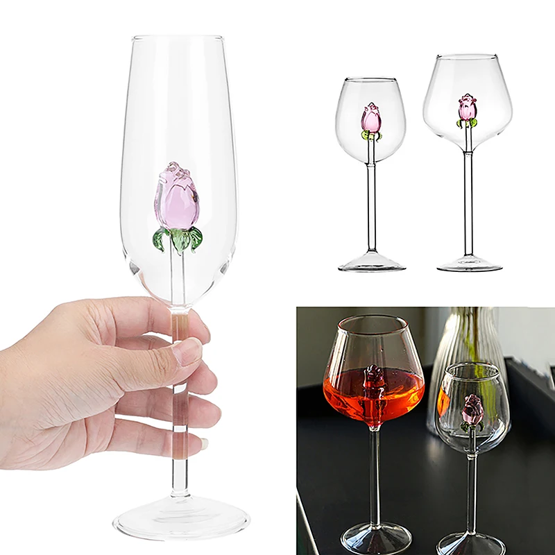 

Creative 3D Pink Glass Rose Build-In Red White Wine Glasses Cup Drinkware Goblet Champagne Flute Household Lovely Valentine Gift