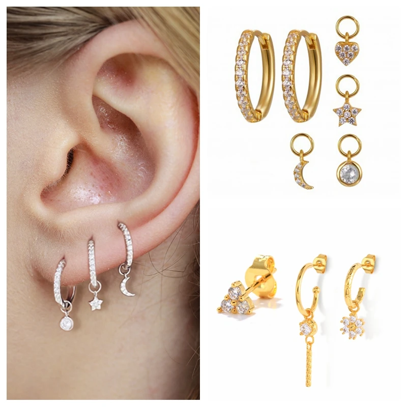 

CANNER Gold Plated Earrings For Women Luxury White Crystal Jewelry Set Wedding Birthday Gift Pendientes Plata 925 Huggie Earing