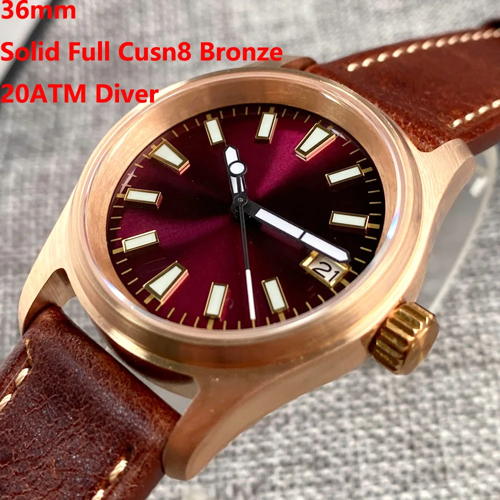 

20ATM Diver 36mm Wine Red Dial NH35A Solid Full Cusn8 Bronze Automatic Men's Watch Sapphire Crystal Date Leather Strap Luminous