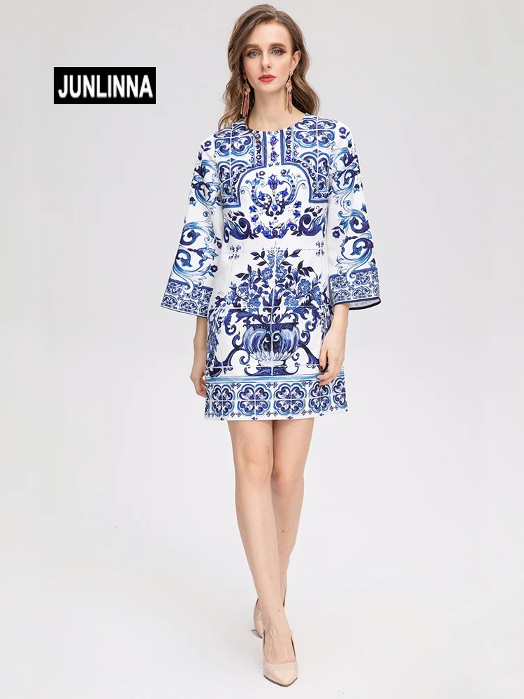 

JUNLINNA Runway Fashion Dresses A Autumn New Porcelain Printed and Beading Elegant Mini Vestidos Party Vacation