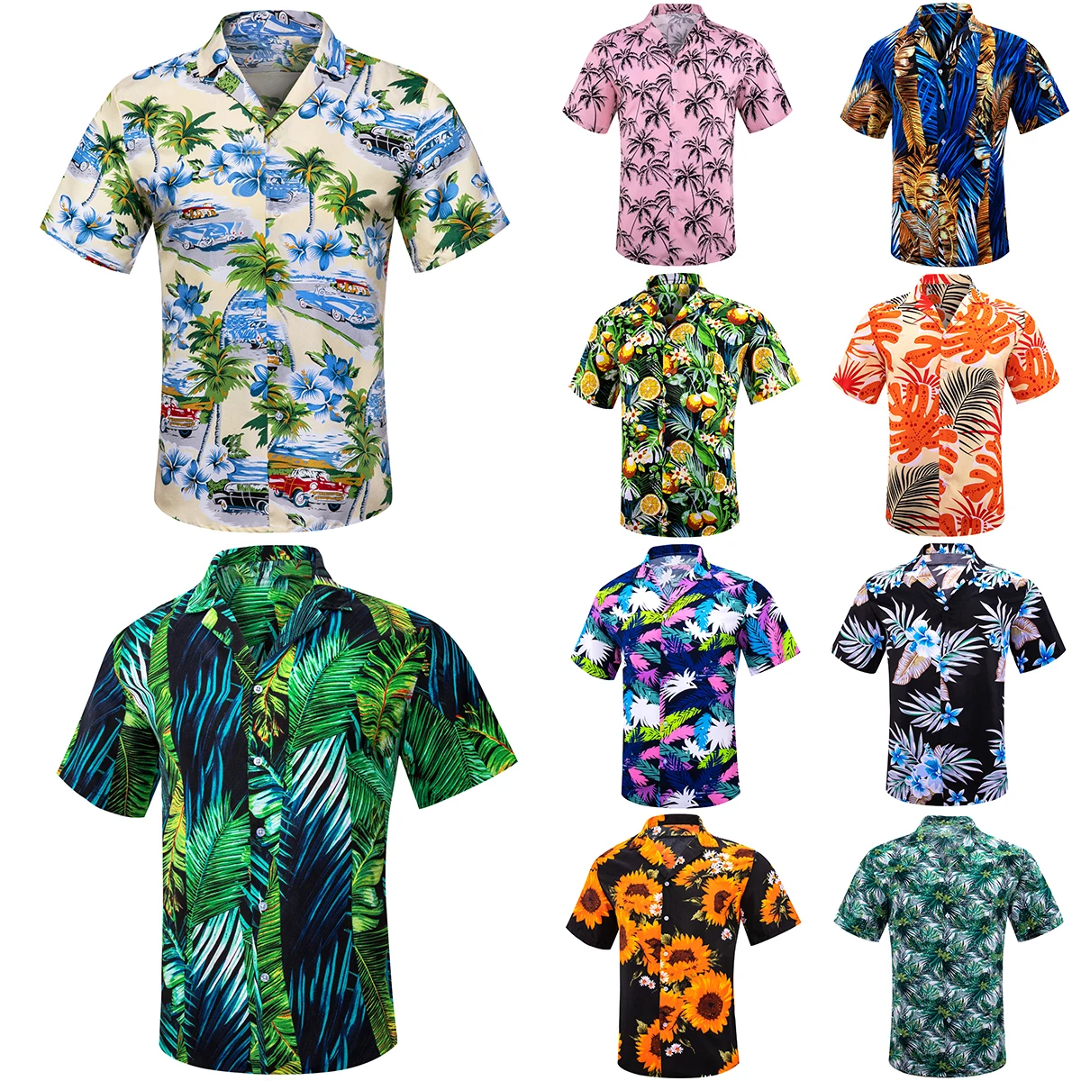 

Men's Short Sleeve Shirts Summer Shorts Set Silk Green Blue Pink Coconut Tree Flower Beachsuit Swimsuit Barry Wang