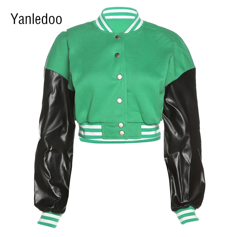 

Women's Green Coat Single Breasted Slim Fit Autumn New Jacket PU Cotton Patchwork Long Sleeve Stripe Baseball Short Jacket