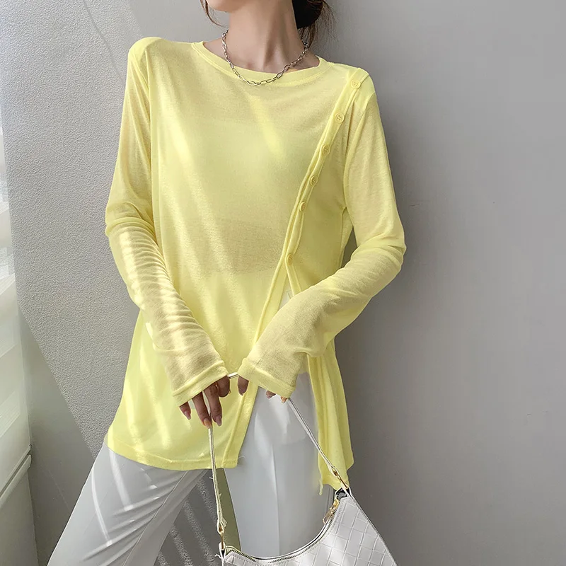 

Women Fashion Single Breasted Long Sleeve Slim T-shirts New Summer Casual Sunscreen T-shirt Ladies Chic Irregular Slit Tops Pop