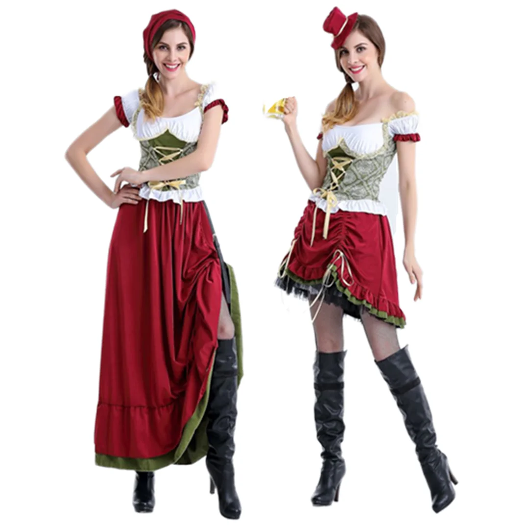

Women's German Beer Dirndl Dress Apron Set Costumes Germany Bavarian Oktoberfest Babe Bar Maid Carnival Burgundy Dress
