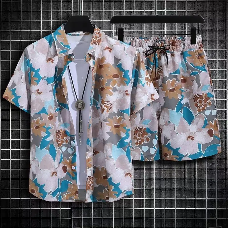 New Men's Printed Shirt Set, High-quality Fashionable Shorts, Hawaiian Style Casual Floral Top, Quick Drying Casual Set for Men.