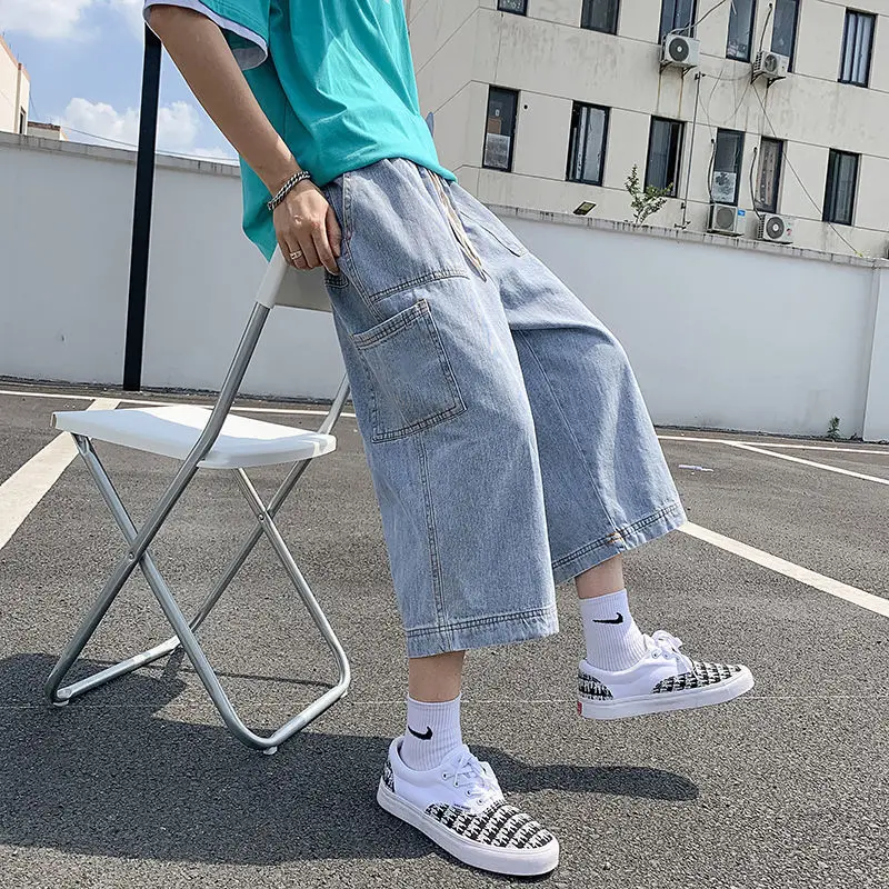 Men Loose Pants Couple Pants All-match Wide-leg Women Cropped Jeans Overalls Teen Casual Trousers For Boys Clothes Summer 2022