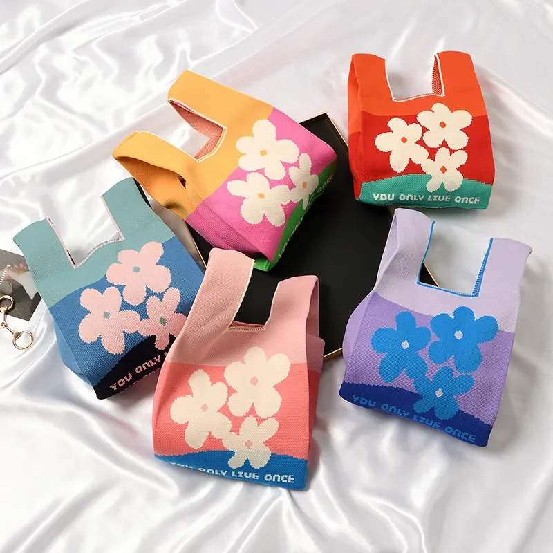 New Handmade Knit Handbag Women Mini Knot Wrist Bag Japanese Casual Wide Stripe Plaid Tote Bag Student Reusable Shopping Bags