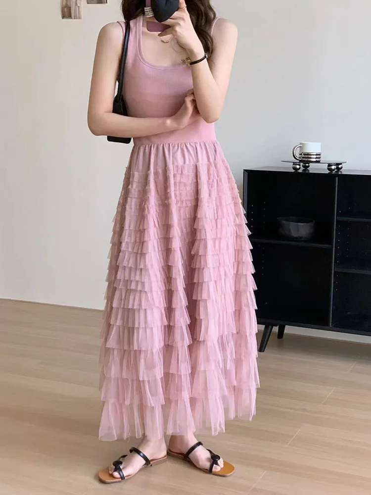 

Casual Knitted splicing Vest Dress 2023 Korean Style New Elegant High Waist Cascading Ruffles Mesh Long Dresses Vestidos