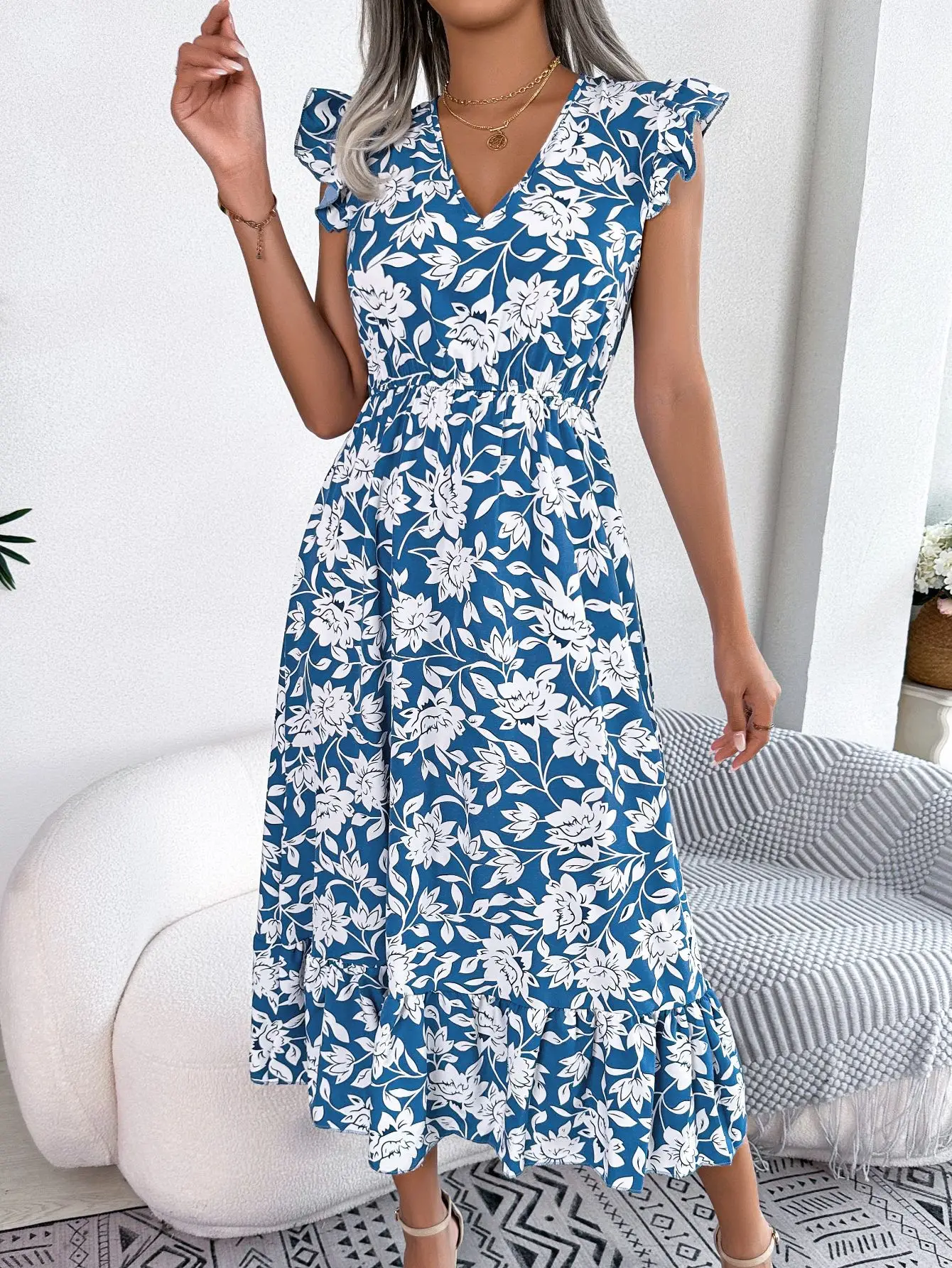 

Summer Leisure Auricularia Flower Waist Long Dress 2023 Fashion V Neck Elegant Ruffle Stitching Holiday Dress For Women Robes
