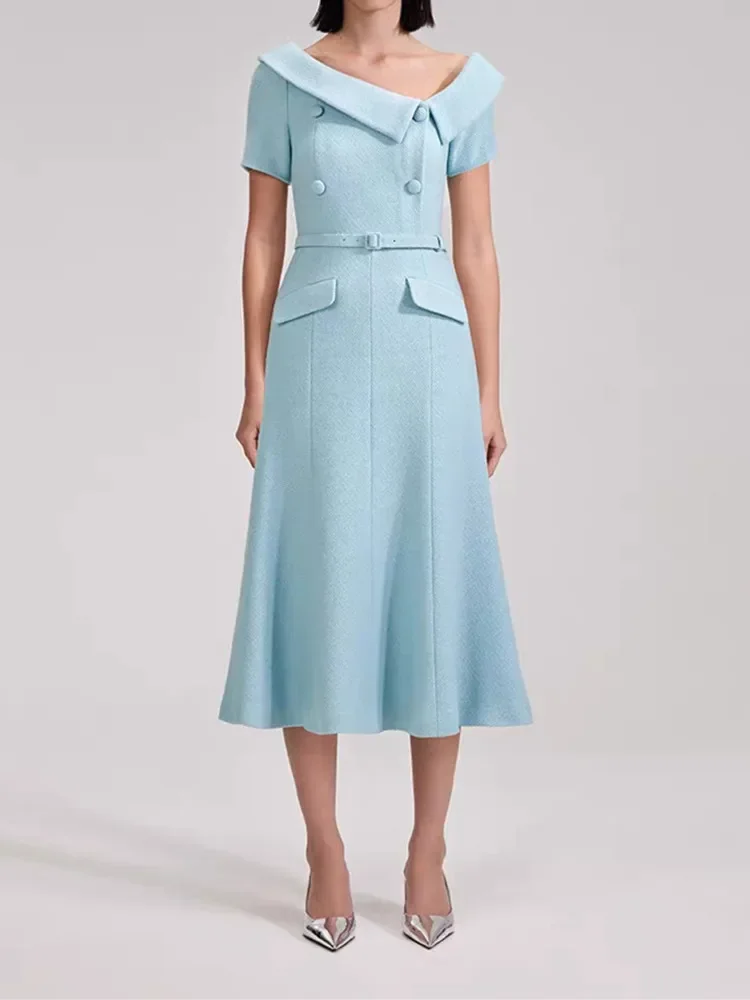 Женское платье-миди с воротником-лодочкой двубортное приталенное Повседневное