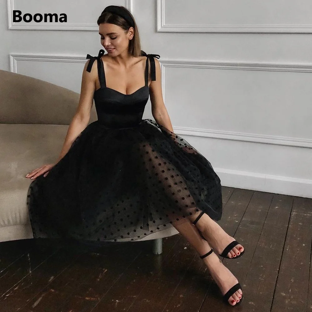 

Booma Simple Black Polka Dots Tulle Midi Prom Dresses Sweetheart Bow Straps Tea-Length A-Line Party Dresses Formal Prom Gowns