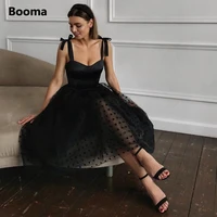 booma simple black polka dots tulle midi prom dresses sweetheart bow straps tea length a line party dresses formal prom gowns