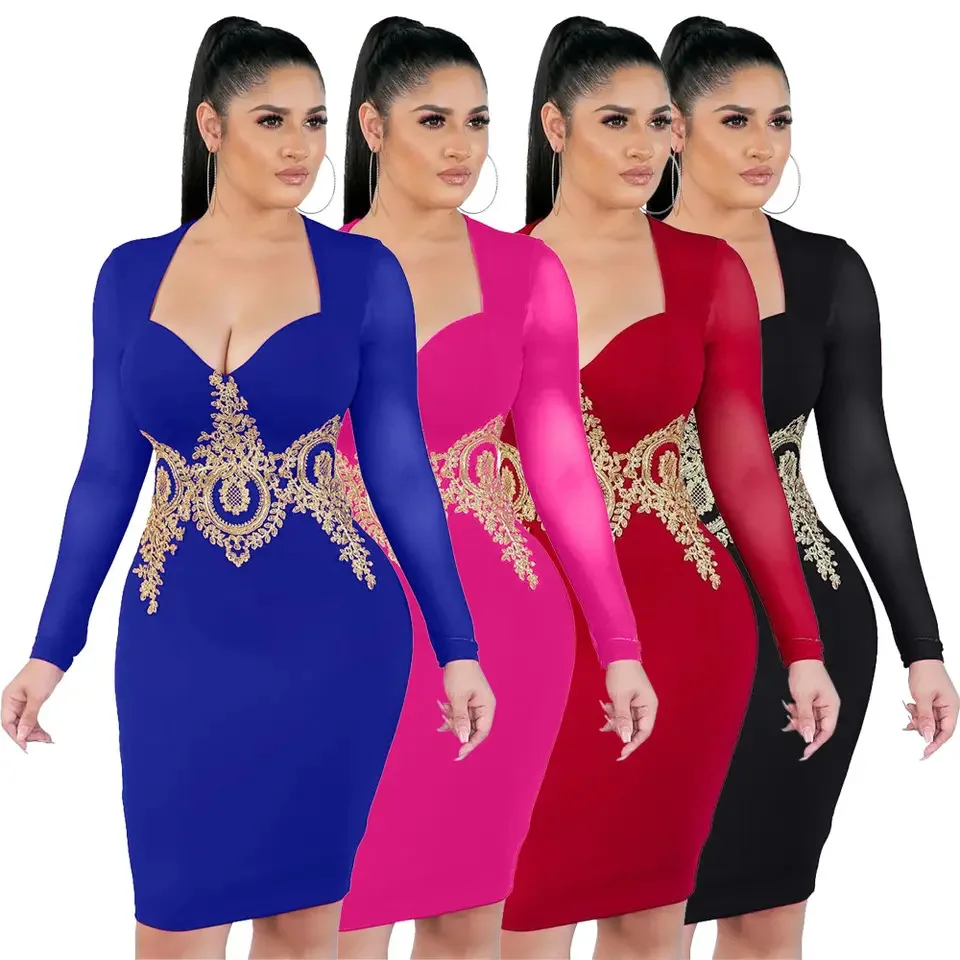 

Summer Casual Long Sleeve Fashion Ladies Vestidos Elegant Black Red Slim Fit Mid Celebrity Party Dress