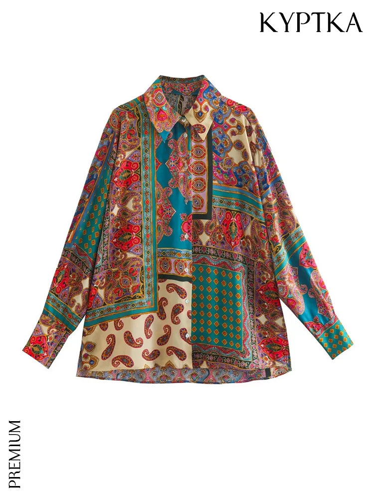 

KYPTKA Women Fashion Patchwork Print Loose Satin Shirts Vintage Long Sleeve Button-up Female Blouses Blusas Chic Tops