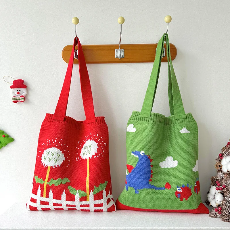 

New Christmas Gift Cute Dinosaur Knitted Shoulder Woolen Versatile Large Capacity Commuter Tote Designer Handbags High Quality