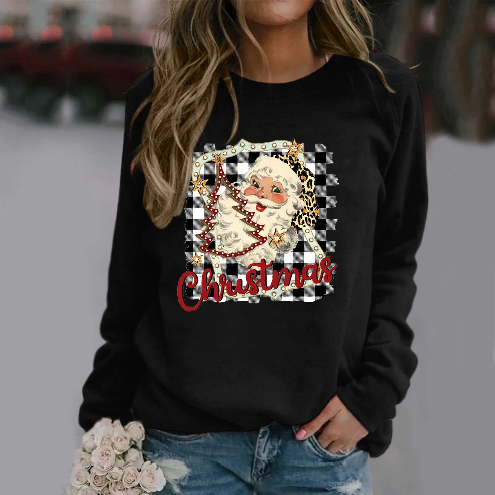 

Women's Christmas Makeup Print Top Blouses Long-sleeved O Neck Sweatshirt Casual Blouse Black Hoodie Women Black Graphic Hoodie
