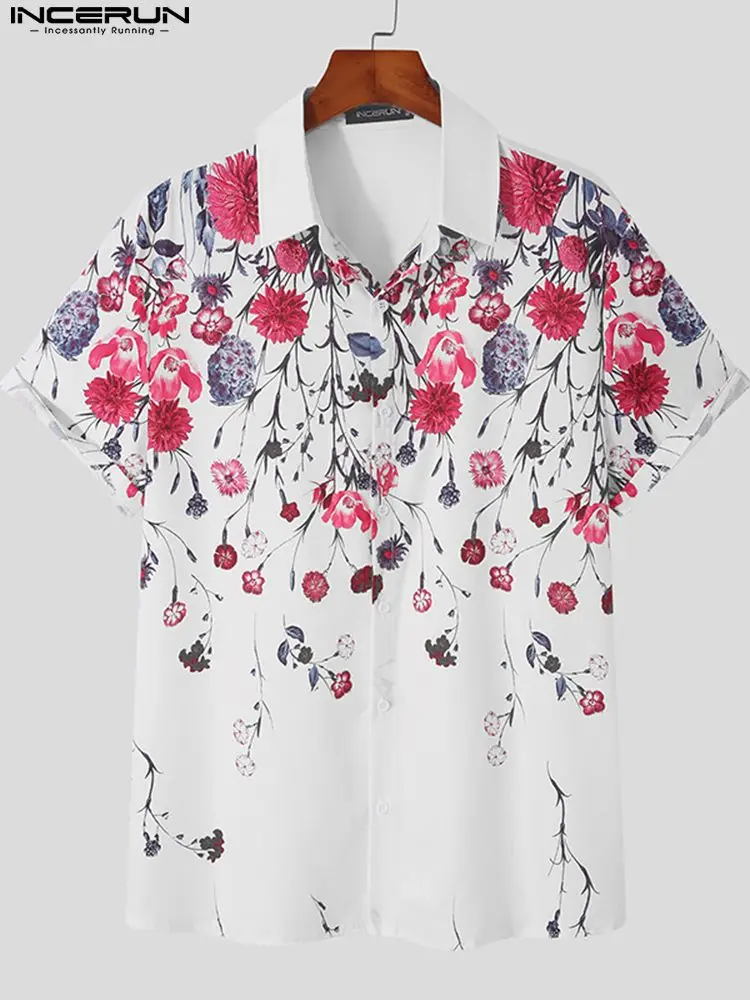 

INCERUN Men Shirt Flower Printing Lapel Short Sleeve Streetwear Button Casual Camisa Masculina 2022 Summer Hawaiian Shirts S-3XL