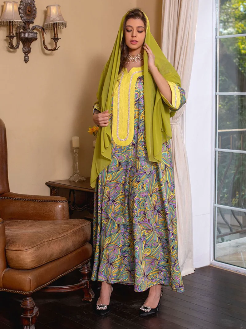 Printed Abaya Arabic Long Dress for Women Diamonds Loose Muslim Moroccan Kaftan Gulf Jalabiya Evening Gowns Ramadan Eid Dresses