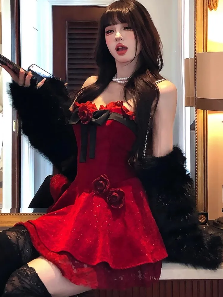 Y2K милое мини-платье с цветочным принтом для женщин элегантное кружевное