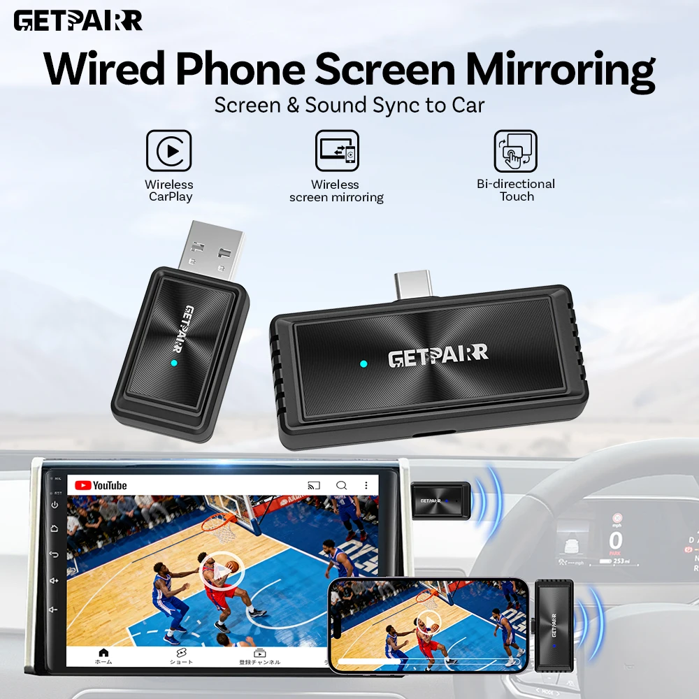 Фото GetPairr 2in1 Беспроводное зеркало для CarPlay и экрана телефона CarPlay Зеркало для телефона в автомобильный экран DP Зеркальное аудио синхронизация для VW №1