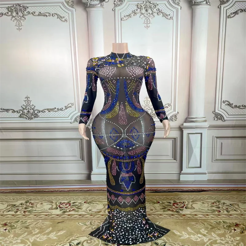 

ZA07 Sexy Female Full Diamonds Black Mesh Long Sleeve Evening Dress Pink Blue Yellow Rhinestones Skirt Gold Crystal Costume Bar