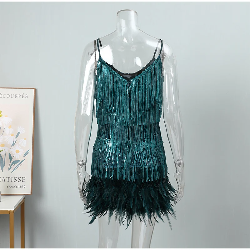 Sexy Tassel Sequins Feather Mini Dress Women Fashion Spaghetti Strap Stitching Dresses Female Elegant Evening Party Club Dress