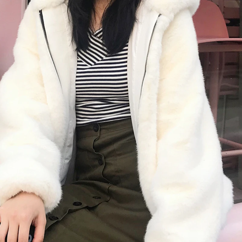 Cartoon Imitation Rabbit Fur Grass Padded Cardigan Fashion Jacket Cute Hooded Faux Fur Rabbit Ears Hooded Fluffy Jacket Women