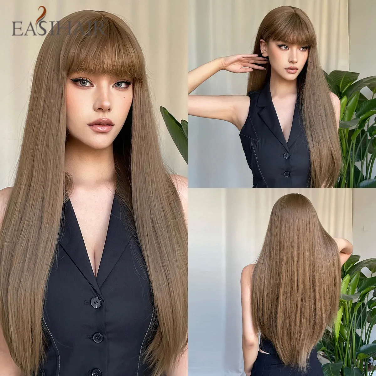 EASIHAIR длинные прямые коричневые синтетические парики женский парик из натуральных волос с челкой Жаростойкие повседневные Cosaply волосы для женщин