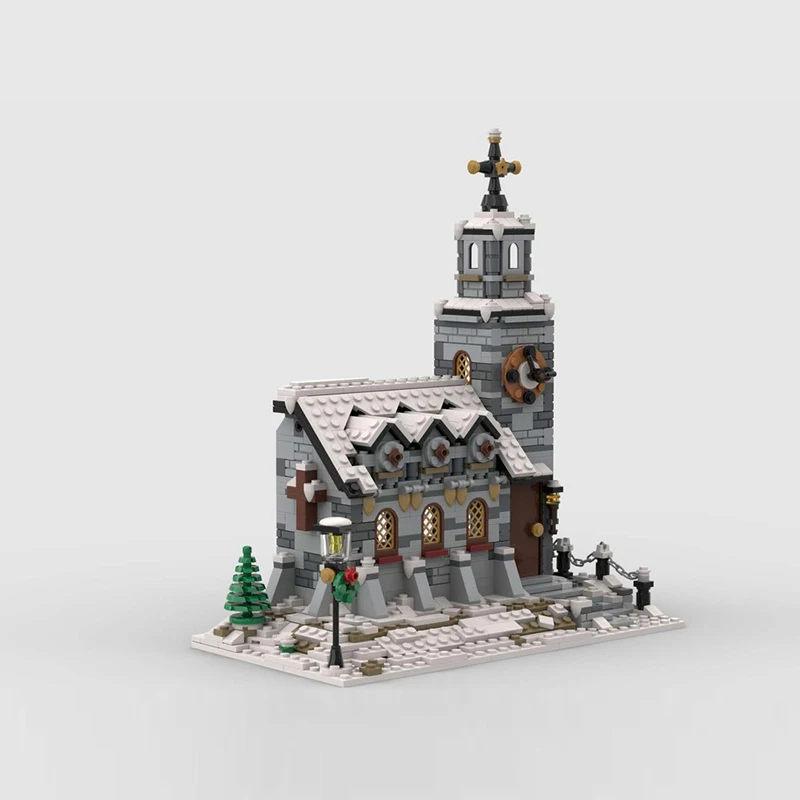 Фото Модель City Street View MOC, строительные кирпичи, маленькая зимняя церковь, модульные технологии, подарки, праздник, сборка, детские игрушки, костюм №3