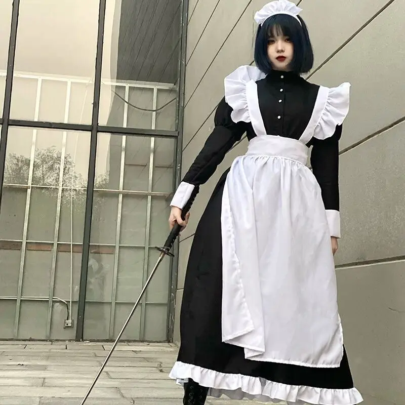 

Lolita Dress Kawaii Vintage Women Long Sleeve Dresses Cosplay Maid Uniform Black White Ruffles Patchwork Men Outfits