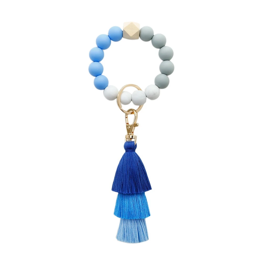 

Silicone Wristlet Keychain Bracelet Car Beaded Key Ring Silicone Tassel Keychain Beaded Bangle for Women - G