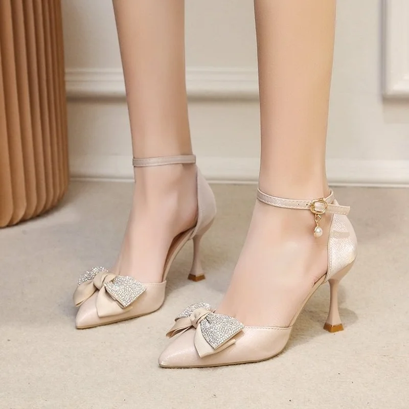 

2022 Single Shoes High Heels Bow Women's Shoes Sandals Satin Stiletto Shallow Mouth Buckle Strap Shoes Woman Heels
