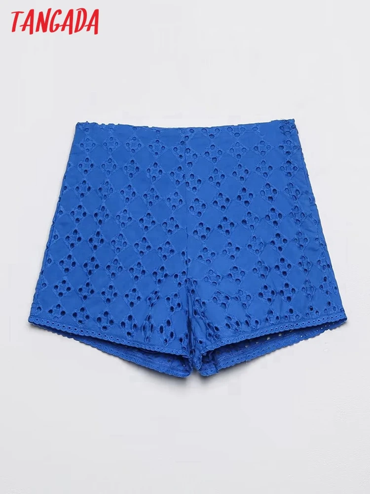 

Tangada Women Blue Embroidery Cotton Shorts Zipper Pockets Female Retro Casual Shorts Pantalones 6H130