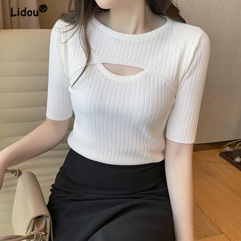 

Hollow Chic Sweet Elegan Knitted pullovers for women casual mangas cortas Solid color Women's Clothing 2022 T-Shirt Korean Top
