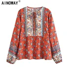 Блузка женская с цветочным принтом, модный винтажный топ в стиле бохо, свободная пляжная рубашка с круглым вырезом и длинным рукавом