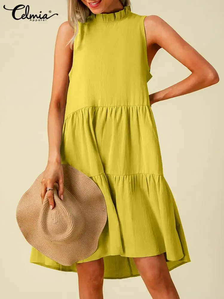 

Women Summer Mini Sundress Celmia 2022 Casual Stand Collar Sleeveless Holiday Beach Dress Elegant Solid A-line Short Vestidos