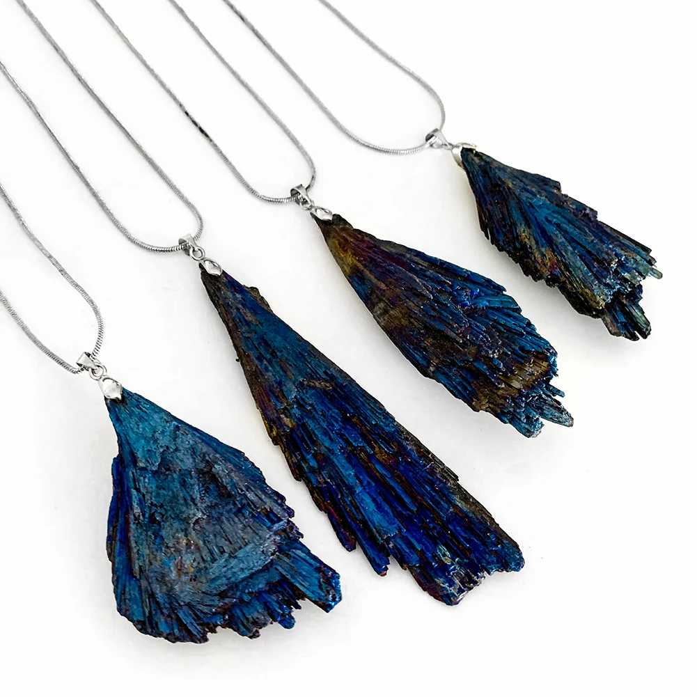 

Natural Semi-precious-stone Blue Tourmaline Necklace Irregular Kyanite Raw Quartz Feather Pendant Statement Jewelry Gift