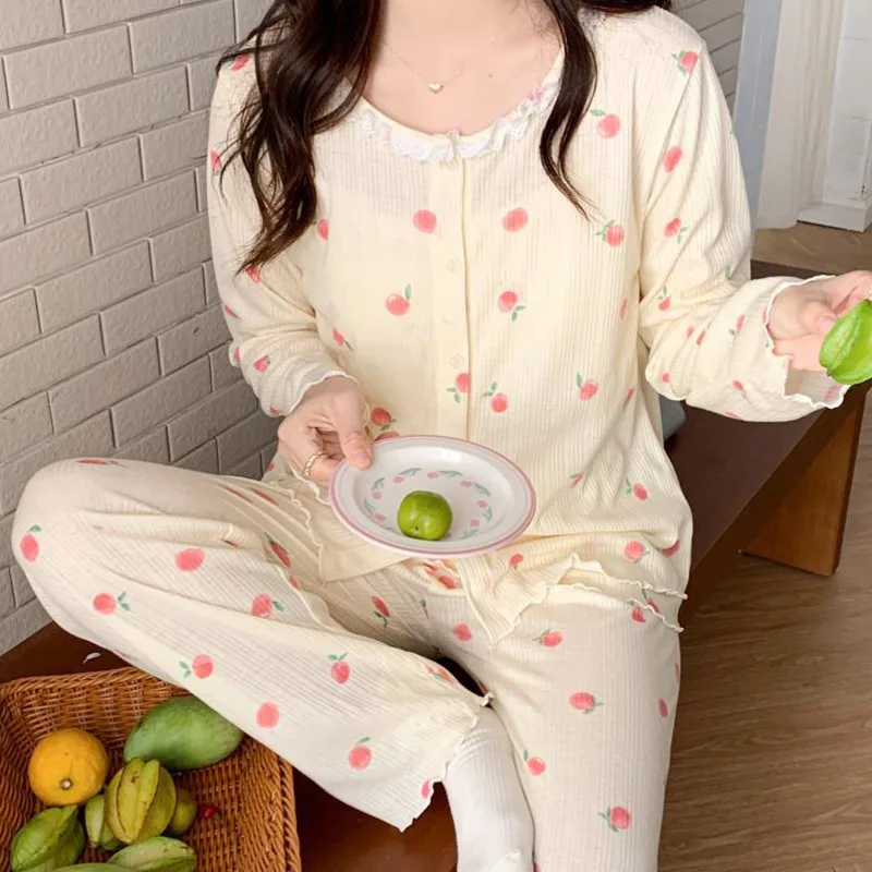 3pcs Pajamas Set Women Cotton Long Sleeve Floral Sleepwear Night Suit Cute Sweet Spring Autumn Print Home Wear Sleepwear Female