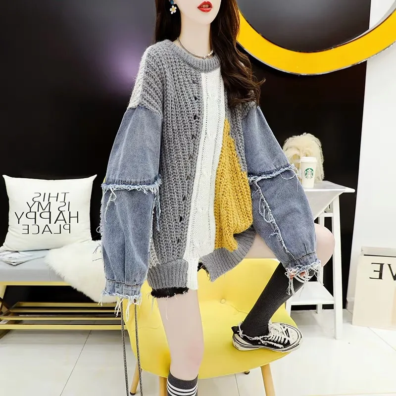 

SuperAen Осень Зима Новая Корейская версия свободный джинсовый лоскутный пуловер свитер женский Топ с длинным рукавом