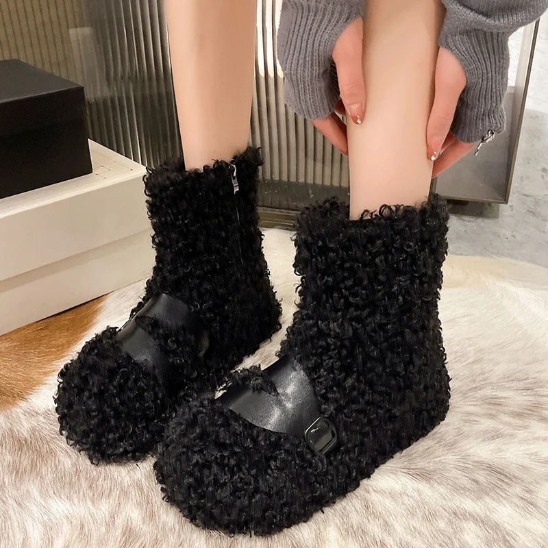 

Теплые шерстяные женские плюшевые ботильоны, теплые полусапожки на плоской подошве, без застежки, с пряжкой, зимняя обувь