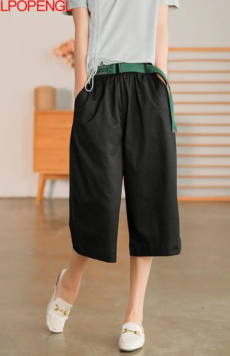 

New Loose Cotton And Linen Wide-leg Pants Women's Summer Thin Knee Length Casual Pants Straight Solid Color Elastic Waist Pants
