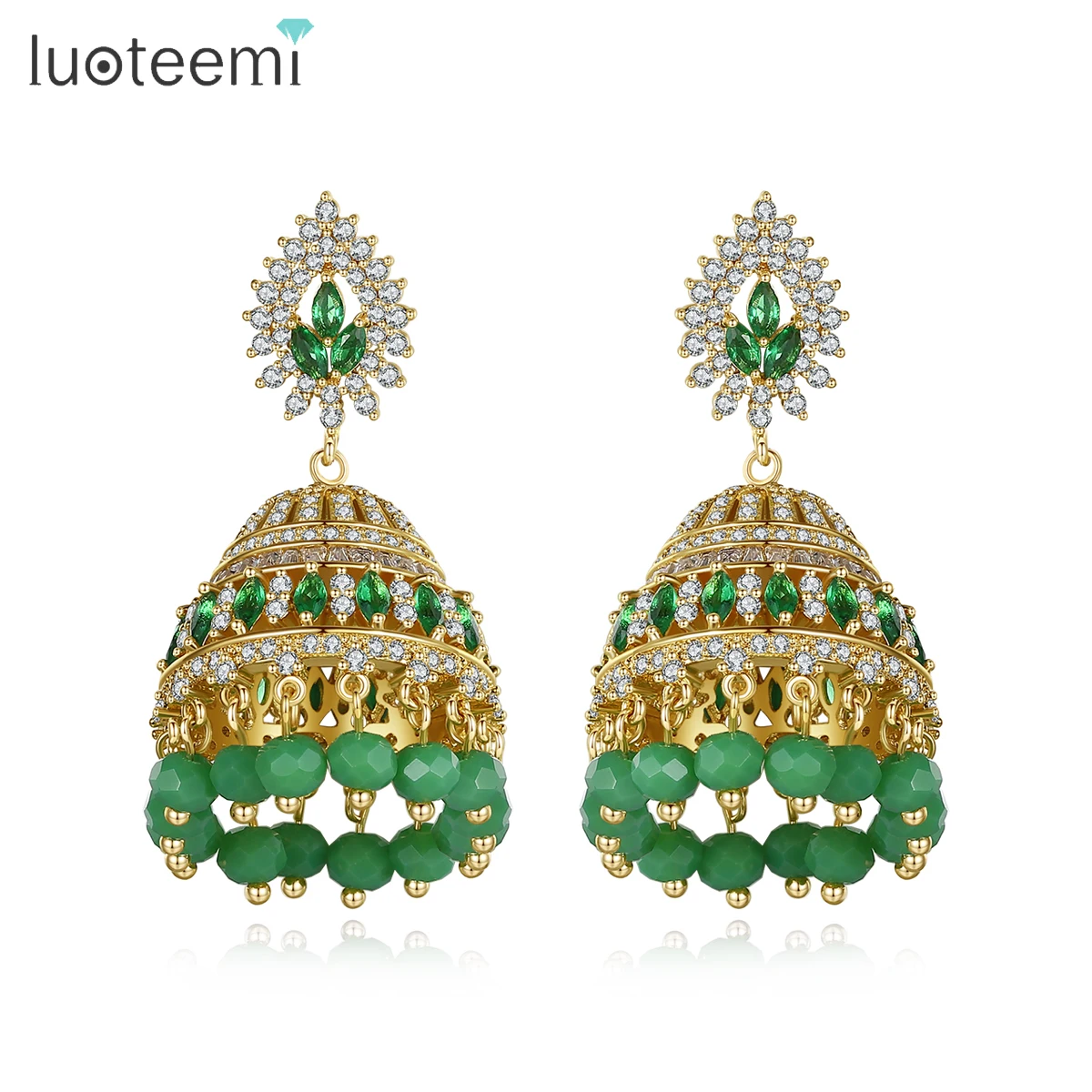 

LUOTEEMI Luxury Pakistan Crystal Big Dangle Earrings for Women Wedding Ethnic Green Beads Tassel India Earrings Fashion Jewelry