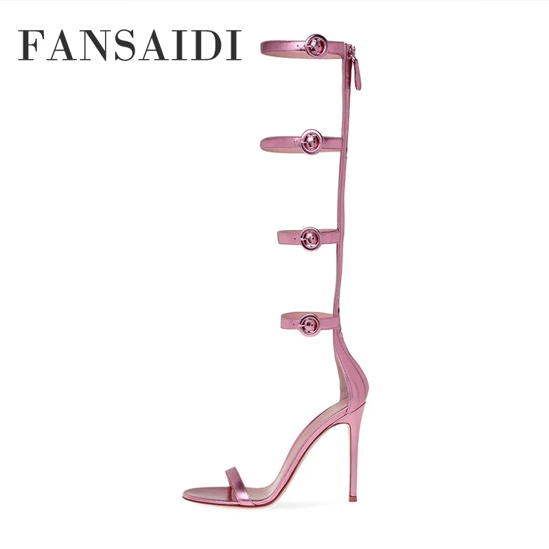 

FANSAIDI Summer Sexy Gold Sandales Gladiator Fashion Women's Shoes Pointed Toe Stilettos Heels New Narrow Band 41 42 43 44 45 46